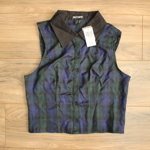 Hot Topic Tops - Hot Topic Green & Blue Plaid Sleeveless Girls Button-Up Top